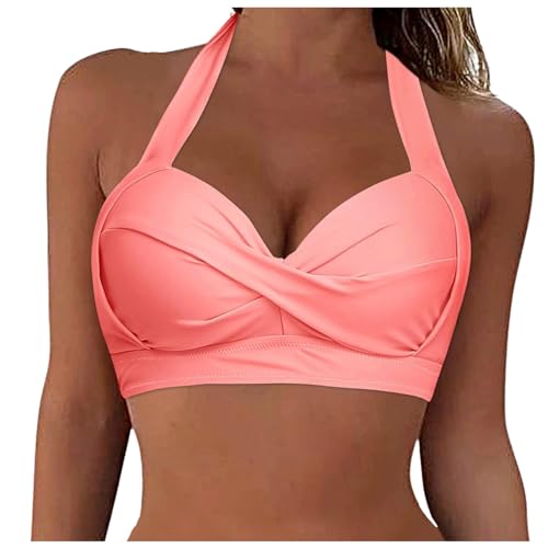 Ahagogo Bikini Oberteil Große Brüste Rückenfreies Oberteil Bikini Damen Push Up Wickeloptik Lace Up Bikini Top V Ausschnitt Badeanzug Top Sommer Strand Bikini Top Swimsuit Oberteil (g#-Pink, XXL) von Ahagogo