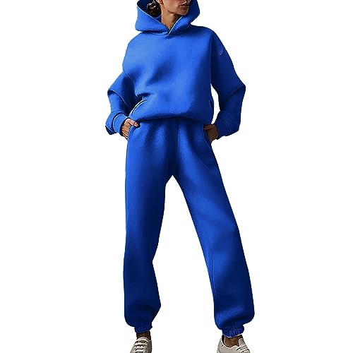 Ahagogo Damen Tracksuit Langarm Rundhalsausschnitt Einfarbig Zweiteiler Outfit Hoodie Jogger Trainingsanzug Set Set 2-Teilig Hoodie Kapuzenpullover Sporthose Set Sweatshirt & Jogginghose (BU2, L) von Ahagogo