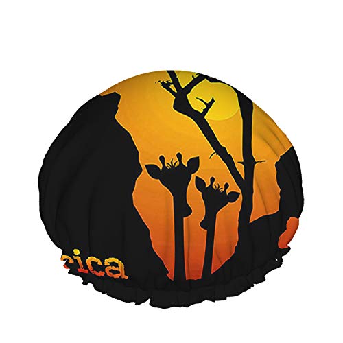 Afrikanische Karte Duschhaube Orange Sonne Roter Himmel Sonnenuntergang Giraffe Baum Silhouette Große Badekappen für Frauen Männer Mädchen Langes Haar Wasserdichte wiederverwendbare Hüte von Ahdyr