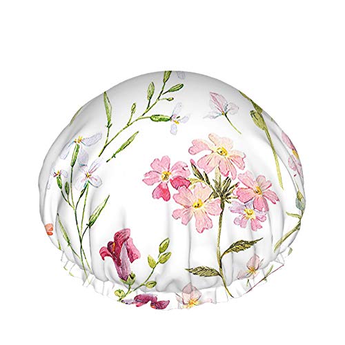 Blumen-Duschhaube, Aquarell, Wildblume, botanische Pflanze, Blätter, Frühling, Rosa, Grün, Weiß, große Badekappen für Damen, Herren, Mädchen, langes Haar, wasserdicht, wiederverwendbare Hüte von Ahdyr