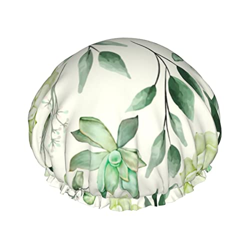 Greenery Duschhaube mit Aquarell-Blumenmuster, wiederverwendbare Duschhauben für Frauen, langes Haar, doppelschichtiger, wasserdichter Bade-Duschhut, Haarschutz für Kinder, Mädchen, Männer von Ahdyr