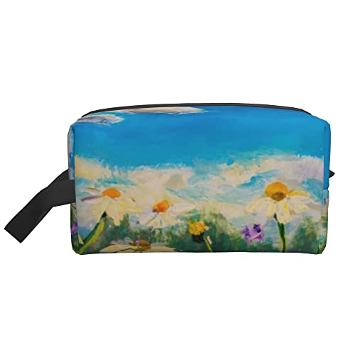 Kulturbeutel für Frauen und Männer, wasserdichte Kosmetiktasche, Reise, Make-up-Tasche, Organizer mit Griff, Ölgemälde, weiße Gänseblümchen, Blumen, Aufbewahrungstasche von Ahdyr