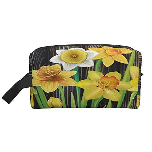 Kulturbeutel für Frauen und Männer, wasserdichte Kosmetiktasche, Reise-Make-up-Tasche, Organizer mit Griff, Narzissen, Blumen auf der Aufbewahrungstasche aus Holz von Ahdyr