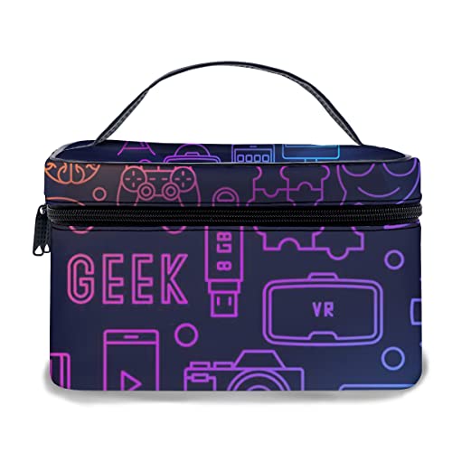 Leder-Kosmetiktasche, Bunte Welt, runder Geek, helles Computer-Nerd-Liniensymbol auf dunklem Jungen, wasserdichte, tragbare Make-up-Taschen von Ahdyr