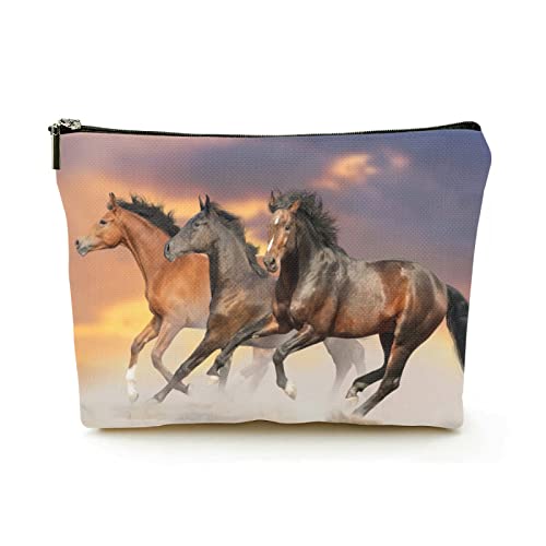 Stilvolle Make-up-Tasche für Damen, Leinen, Reise-Kosmetiktaschen, langlebige Make-up-Organizer-Tasche, DREI Pferde Laufen im Sonnenuntergang, für Damen/Herren von Ahdyr