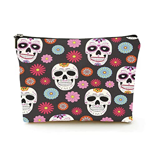 Stilvolle Make-up-Tasche für Damen, Leinen, Reise-Kosmetiktaschen, langlebige Make-up-Organizer-Tasche, Halloween-Schädel und Bunte Blumen, für Damen/Herren von Ahdyr