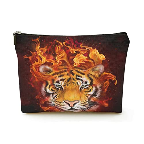 Stilvolle Make-up-Tasche für Damen, Leinen, Reise-Kosmetiktaschen, langlebige Make-up-Organizer-Tasche, Kopf eines Tigers in Flammen, für Damen/Herren von Ahdyr