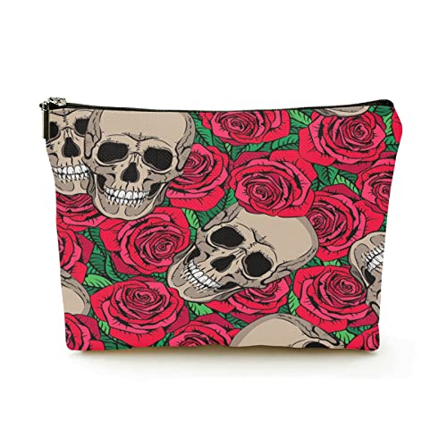 Stilvolle Make-up-Tasche für Damen, Leinen, Reise-Kosmetiktaschen, langlebige Make-up-Organizer-Tasche, Totenköpfe und rote Rosen, für Damen/Herren von Ahdyr