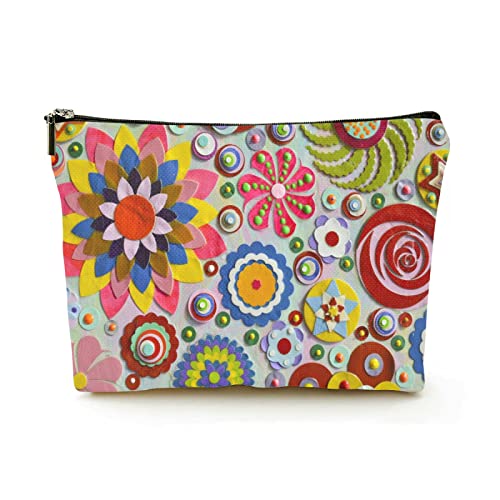 Stilvolle Make-up-Tasche für Damen, Leinen, Reise-Kosmetiktaschen, langlebige Make-up-Organizer-Tasche, exotischer runder Blumenhintergrund, für Damen/Herren von Ahdyr