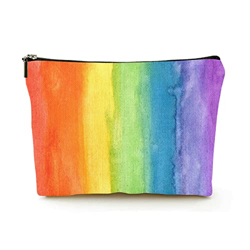 Stilvolle Make-up-Tasche für Damen, Leinen, Reise-Kosmetiktaschen, langlebige Make-up-Organizer-Tasche, gestreiftes Regenbogen-Aquarell, für Damen/Herren von Ahdyr