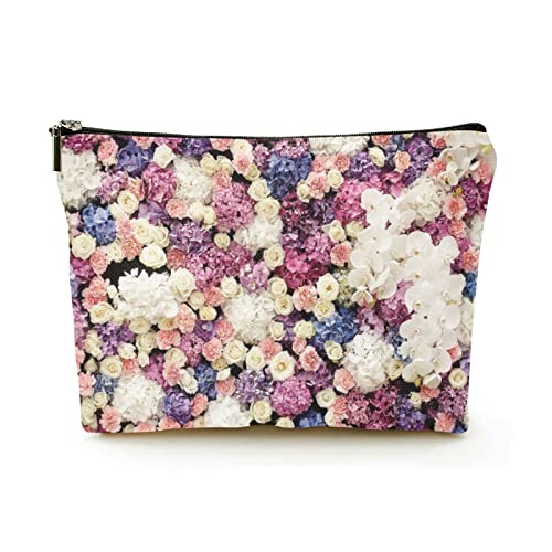 Stilvolle Make-up-Tasche für Damen, Leinen, Reise-Kosmetiktaschen, langlebige Make-up-Organizer-Tasche, viele Hortensien, Rosen und Rosa bilden eine Bunte Wand, für Damen/Herren von Ahdyr