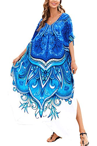 LikeJump Damen Baumwolle Bedruckte Blume Gedruckt Kaftan Badeanzug Kimono Cover Up Lose Robe Maxi Kleid von LikeJump