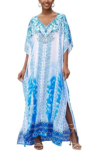 LikeJump Damen Baumwolle Bedruckte Blume Gedruckt Kaftan Badeanzug Kimono Cover Up Lose Robe Maxi Kleid von LikeJump