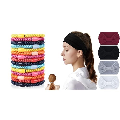 Bundle of AiQInu 15 Stück Haargummis für Damen und Mädchen + AiQInu 4 Pack Stirnbänder Damen, Elastische Breites Stirnband, Anti-Rutsch Stirnband, Für Tägliches Arbeitsyoga Und Fitness von AiQInu