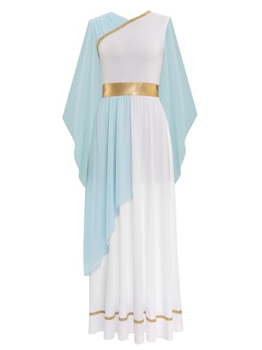 Aiihoo Damen Griechische Göttin Kostüm Antike Römische Göttin Kleid Toga Ärmellos Maxikleid mit Schulter Tuch Königin Ägypten Fasching Kostüm Hellblau XL von Aiihoo