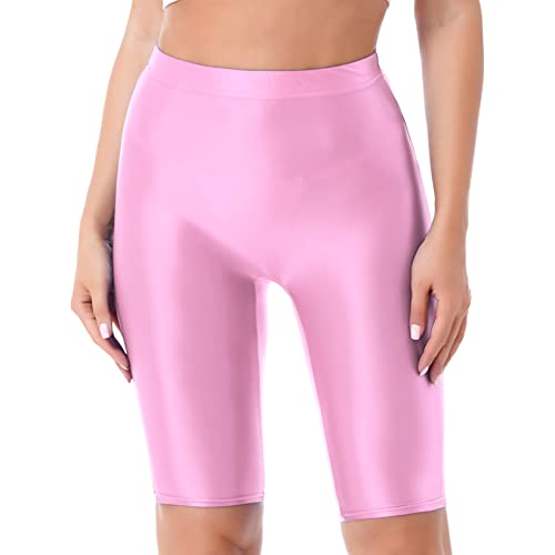 Aiihoo Damen Metallic Shorts High Waist Leggings Stretch Sporthose Shiny Yogahose Fitnesshose Kurz Hose Sportshorts Jogginghose Rosa M von Aiihoo