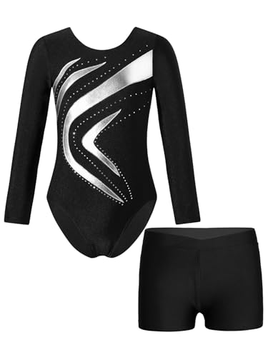 Aiihoo Mädchen Turnanzug Langarm Glänzende Tanzbody mit Strass und Shorts Tanzbody Trikotbody Tanzkleidung Tanz Gymnastik Trikots Tanzkostüm T Silber 122-128 von Aiihoo