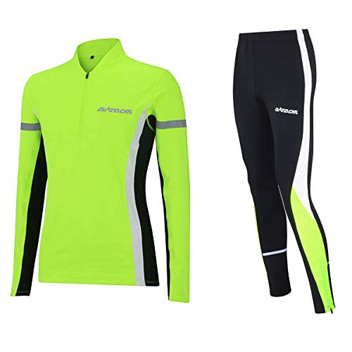 Airtracks Winter Laufset Thermo Laufhose Lang Trainingshose Tight - Thermo Laufshirt Langarm Sweatshirt Langarmshirt - neon - XXL - Damen von Airtracks