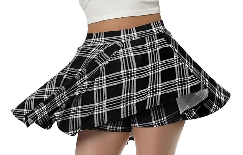 Rock Damen Sommer Große Elastizität Casual Basic Röcke A-Linien Hohe Taille Hosenrock Leichtgewicht Skater Rock mit Hose Drunter Versatile Minirock Tennisrock Schwarz kariert XL von Aiseyi