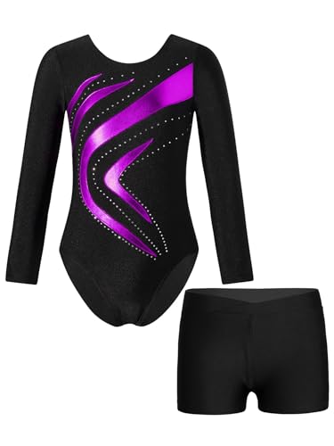 Aislor Kinder Gymnastikanzug Mädchen Glitzer Turnanzug Langarm Tanzbody mit Gymnastik Shorts Strass Turnbody Ballett Trikotbody Ballettkleidung Dancewear Violett 122-128 von Aislor