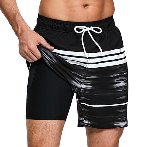 Aisprts Badehose Herren Badeshorts mit Kompressionsfutter 2 in 1 Atmungsaktiv Elastisch Herren Schwimmhose Boardshorts Strandshorts mit 2 Reißverschlusstaschen von Aisprts