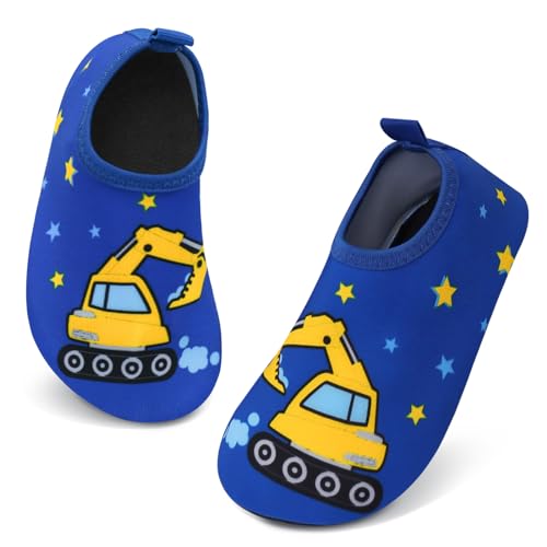 Aisprts Badeschuhe Kinder Wasserschuhe Mädchen Jungen, rutschfeste Barfuß Schwimmschuhe Aquaschuhe Strandschuhe für Baby Baden, Wasser Spielen, Blau Bagger, 26/27 EU von Aisprts