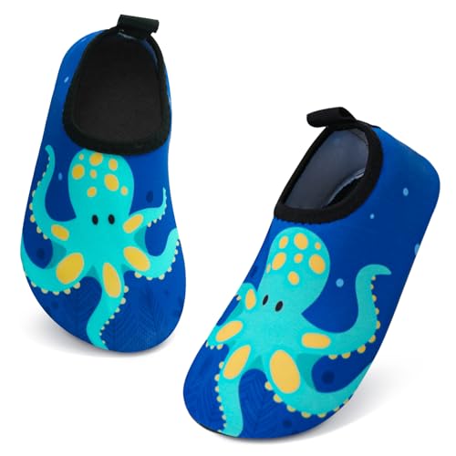 Aisprts Badeschuhe Kinder Wasserschuhe Mädchen Jungen, rutschfeste Barfuß Schwimmschuhe Aquaschuhe Strandschuhe für Baby Baden, Wasser Spielen, Blau Oktopus, 24/25 EU von Aisprts