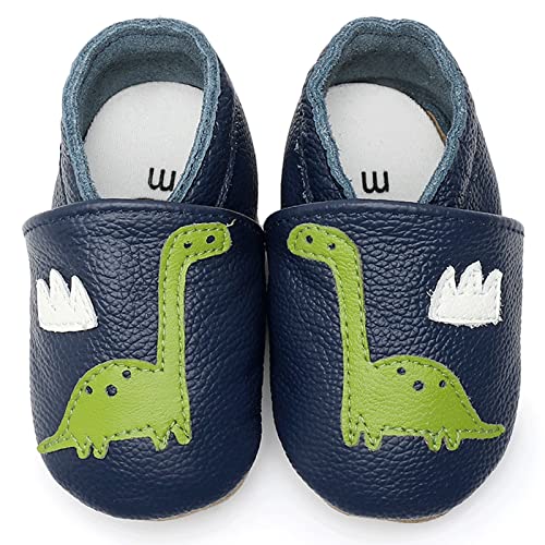 Aisprts Krabbelschuhe Baby Weicher Leder für Unisex,Lederpuschen Baby Lauflernschuhe Jungen Mädchen Lederschuhe Babys mit Wildledersohlen rutschfeste Babyschuhe 0-6m (S),B1 Dunkelblau von Aisprts