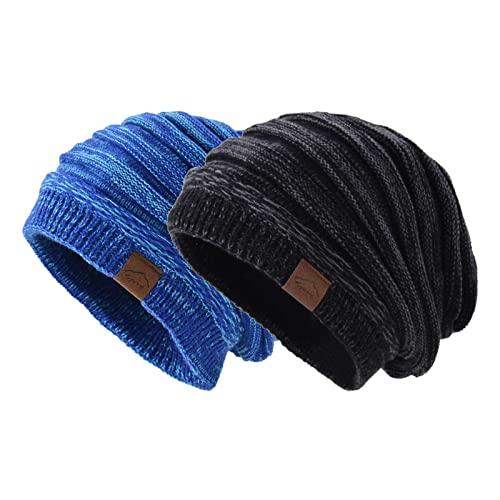 Aisprts Mütze Herren Damen, Unisex Slouch Beanie Mütze Warme Wintermütze mit Fleece Futter für Damen und Herren, Strickmütze Herren Damen für Winter - 2er-Pack - T1 Schwarz + Blau von Aisprts