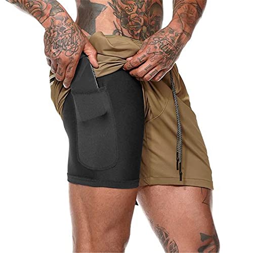 Aisprts Sporthose Herren Kurz, Laufhose Herren Kurz, 2 in 1 Atmungsaktive Schnell Trocknende Kompressionsfutter Kurze Hosen für Sport Trainingsshorts Laufshorts mit und Tasche, Khaki, S von Aisprts