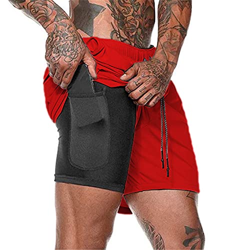 Aisprts Sporthose Herren Kurz, Laufhose Herren Kurz, 2 in 1 Atmungsaktive Schnell Trocknende Kompressionsfutter Kurze Hosen für Sport Trainingsshorts Laufshorts mit und Tasche, Rot, M von Aisprts