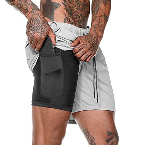 Aisprts Sporthose Herren Kurz, Laufhose Herren Kurz, 2 in 1 Atmungsaktive Schnell Trocknende Kompressionsfutter Kurze Hosen für Sport Trainingsshorts mit und Tasche, Silber Grau, M von Aisprts