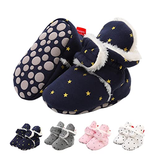 Aisprts Unisex Baby Winterschuhe Baby Schuhe Rutschfeste Schneestiefel mit Weichem Boden für Neugeborene Kuscheliges Fleece Futter Warme Babystiefel Babyschuhe, T1 Tiefes Blau und Sterne, 6-12 Monate von Aisprts