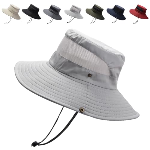 Aisprts Unisex Sonnenhut UV-Schutz Breite Krempe Sommerhut Outdoor Fischerhut Faltbare Bucket Hat mit Atmungsaktivem Mesh und Verstellbarem Kinnriemen, Hellgrau, Einheitsgröße von Aisprts