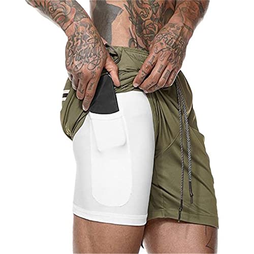 Sporthose Herren Kurz, Laufhose Herren Kurz, 2 in 1 Atmungsaktive Schnell Trocknende Kompressionsfutter Kurze Hosen für Sport Trainingsshorts Laufshorts mit und Tasche, Armee Grün, L von Aisprts