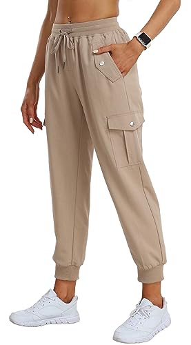 AjezMax Cargohose Damen Leicht Wanderhose Stretch Jogginghose mit Taschen Atmungsaktiv Funktionshose Trekking Laufen Khaki M von AjezMax