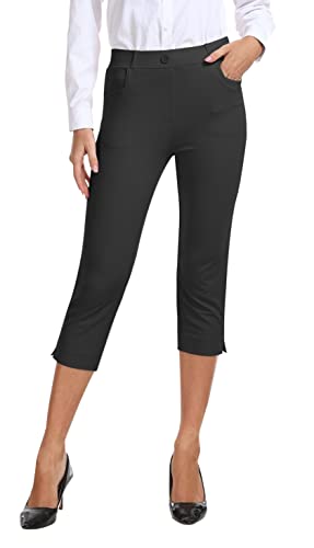 AjezMax Damen Hosen für Business Stretch Freizeithose High Waist Straight Yoga Bürohose Slim Fit Capri Hosen mit Taschen Schwarzgrau L von AjezMax