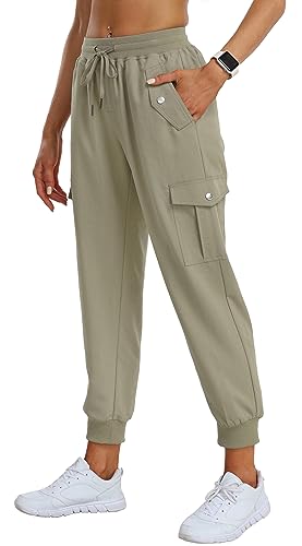 AjezMax Damen Jogginghose Cargohose Sweathose Lang Sporthose Hohe Taille Freizeithose mit Elastischer Bund Grau Khaki L von AjezMax