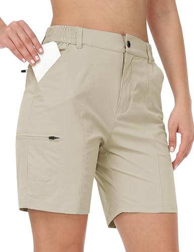 AjezMax Damen Shorts Oudoor Cargo Shorts Knielang Wanderhose Kurze Trekkinghose Leichte Funktionsshorts mit Taschen Khaki XS von AjezMax