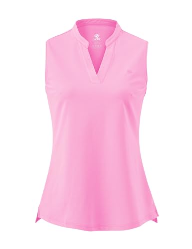 AjezMax Damen Tennis Golf Polo Shirt Ärmellos Baumwolle Fitness Leicht Laufen Sport Sommershirt mit V-Ausschnitt Rosa Small von AjezMax