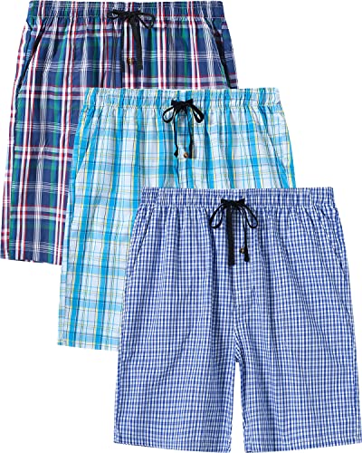 AjezMax Herren 3er Pack Schlafanzughose Kurz Baumwolle Kariert Pyjamahose Shorty Sommer Nachtwäsche Schlafshorts Pyjama Shorts mit Taschen Größe 2XL von AjezMax