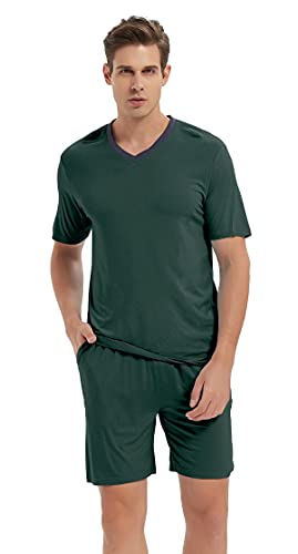 AjezMax Herren Schlafanzug Kurz V-Ausschnitt Zweiteiliger Pyjama Set Kurzarm Weich Nachtwäsche Oberteil und Schlafanzughose Loungewear Freizeitanzug M Seeblau von AjezMax