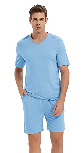 AjezMax Herren Schlafanzug Kurz Zweiteiliger Pyjama Bambus Set Sommer Leicht Kühl Nachtwäsche V-Ausschnitt Kurzarm Oberteil & Schlafanzughose XXL Himmelblau von AjezMax