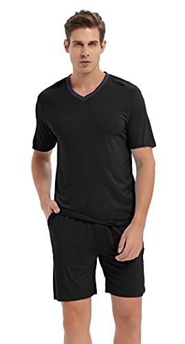 AjezMax Herren Schlafanzug kurz Sommer V-Ausschnitt Kurzarm Bambus Nachtwäsche Weicher Kühl Pyjamas Set Nachtwäsche Loungewear L Schwarz von AjezMax