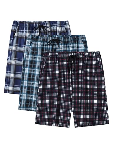 AjezMax Herren Schlafanzughosen Kurz Pyjamahose Schlafhose Karierte Nachtwäsche Klassisch Baumwolle Schlafshorts mit Seitentaschen XXL 3er Pack -E. von AjezMax