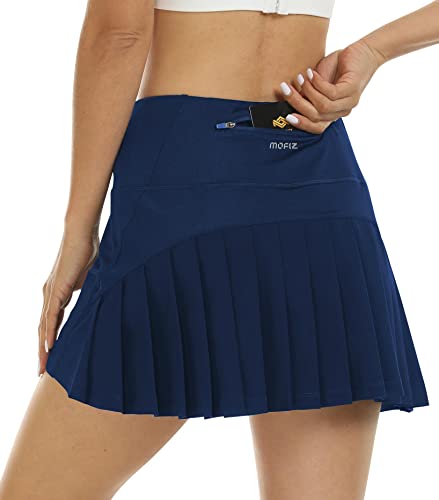 AjezMax Sportskort Damen Basic Solide Tennisrock Sportrock High Waist Plissiert Golfrock Laufröcke mit Taschen Innenhose Marineblau XL von AjezMax