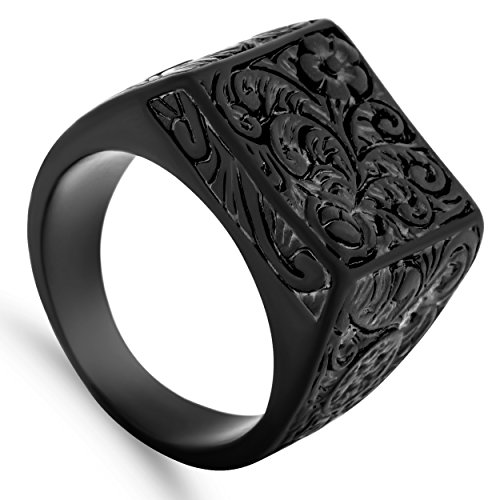 Akitsune Floris Ring | Design-Ring Frauen Herren Edelstahl Groß Floral Blumen Ornament Siegel - Mattschwarz - US 8 von Akitsune