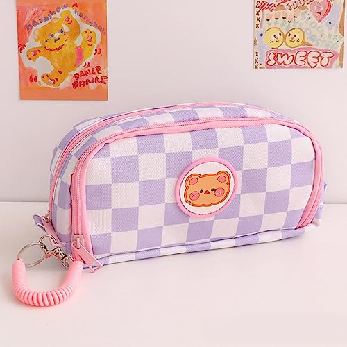 AkmAsk Schachbrett Federmäppchen mit großem Fassungsvermögen Kawaii Bär Leinwand Bleistift Tasche Bleistift Beutel Schreibwaren Schulbedarf-B von AkmAsk