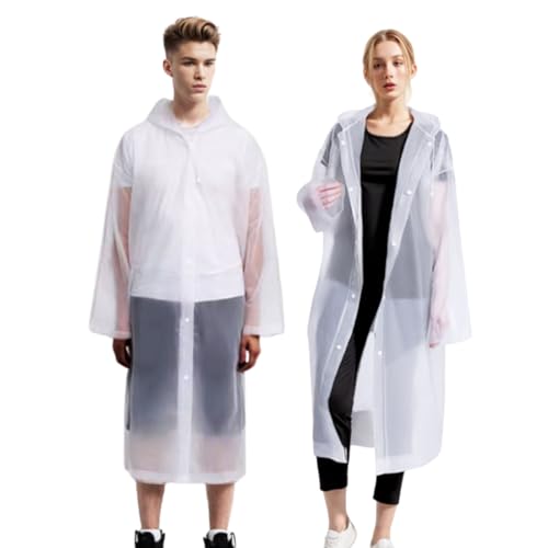 Akxlax 2 Stück Regenmantel Durchsichtig Unisex, Regenponcho Mehrweg Atmungsaktiv Ultraleicht, Regenponcho Wasserdicht Damen Herren für Wandern Camping Reisen (Breite Bündchen, Transparent Weiß) von Akxlax