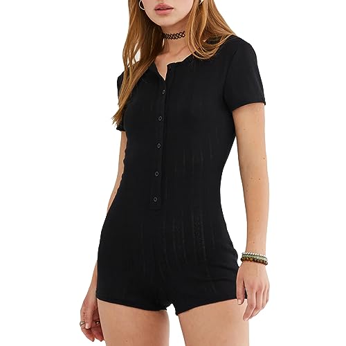 Alaurbeauty Damen Sommer EIN Stück kurz Pyjama Romper Kurze Ärmel Button Down solide Farbe/Floral Jumpsuit Playsuit (Schwarz, XL) von Alaurbeauty